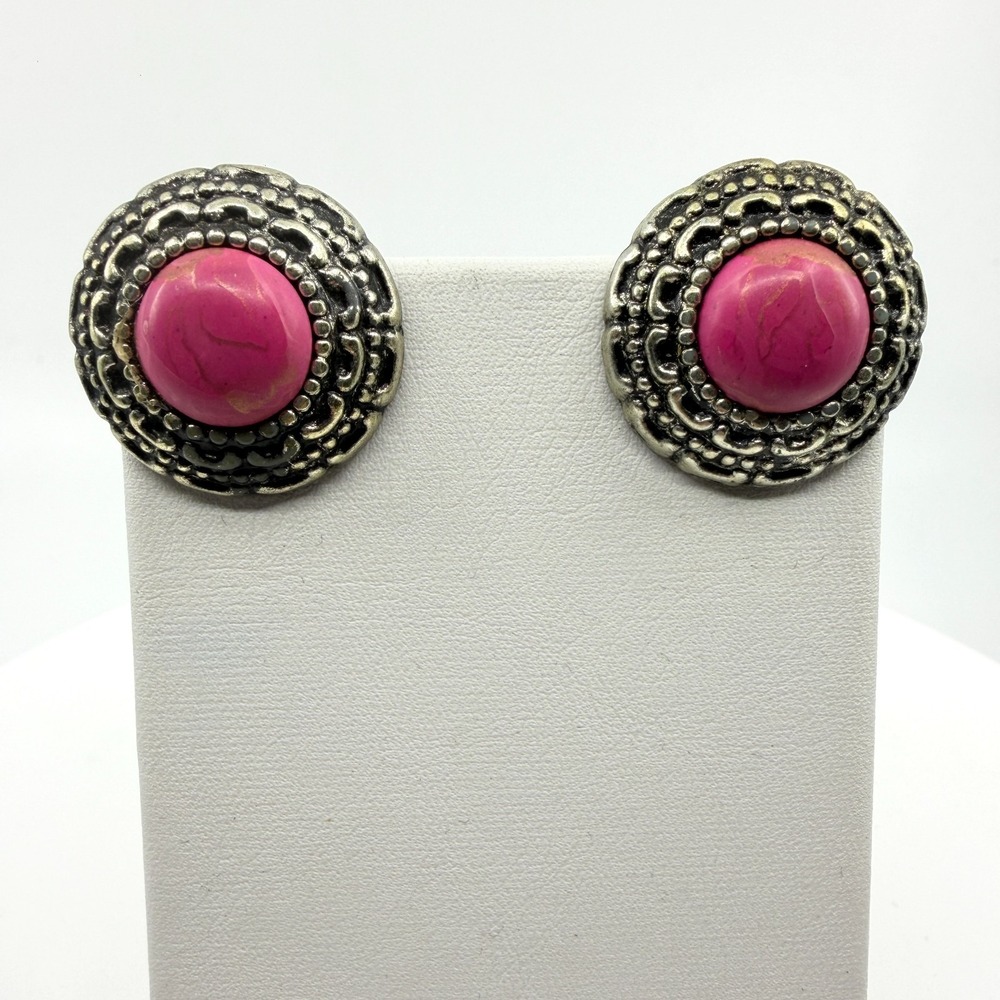 Vintage Pink Stone Silver Tone Clip-On Stud Earrings Bohemian Chic